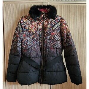 Desigual Women's Puffer Jacke Size 44 US Large Colorful Pattern Removable Collar